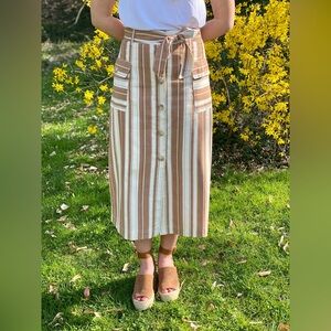 Taupe and cream striped midi skirt